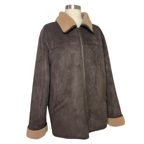 Vintage Suede Jacket 90s Y2K Sherpa Fleece Lined Zip Up Coat Brown Size XL
